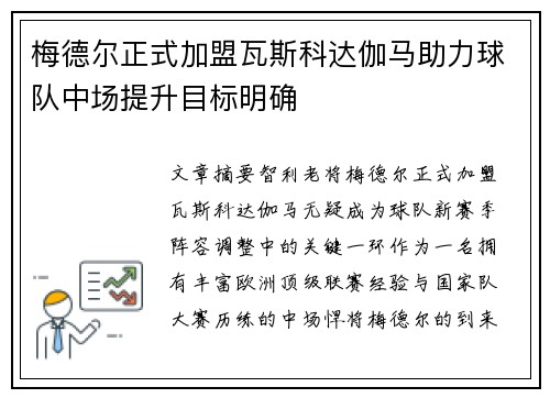 梅德尔正式加盟瓦斯科达伽马助力球队中场提升目标明确